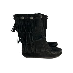 Minnetonka Triple Tiered Fringe Boots Girls Sz 4 Suede Western Moccasin Cowgirl